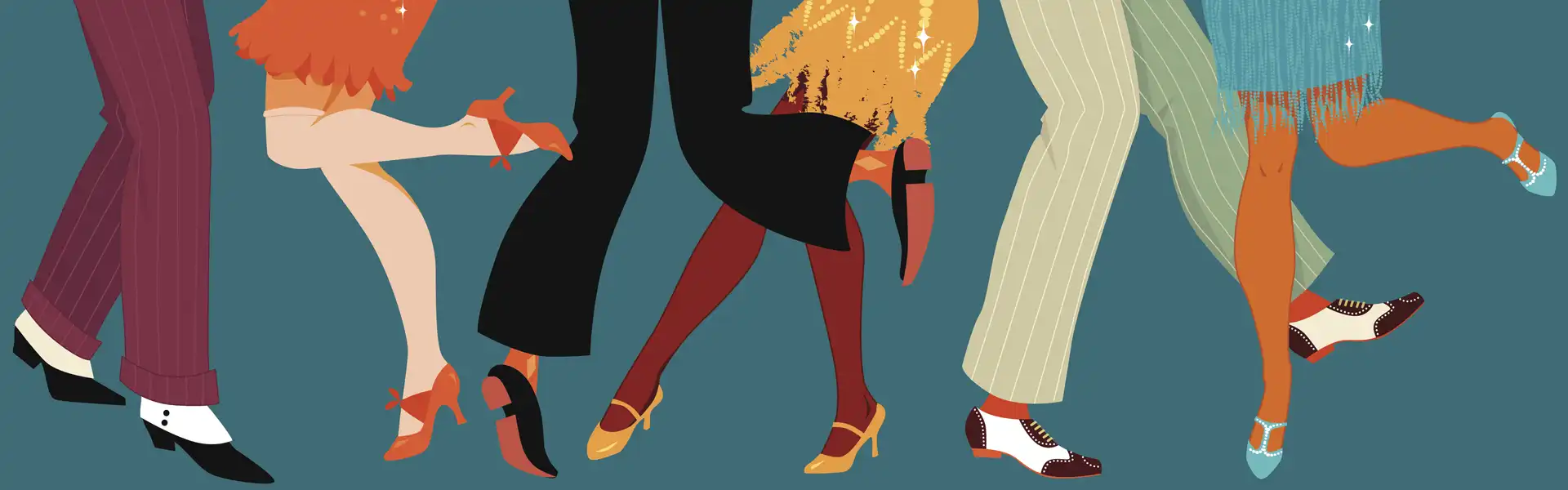 Illustration von tanzenden Beinen in verschiedenen Schuhen und Outfits im Stil der 1920er Jahre