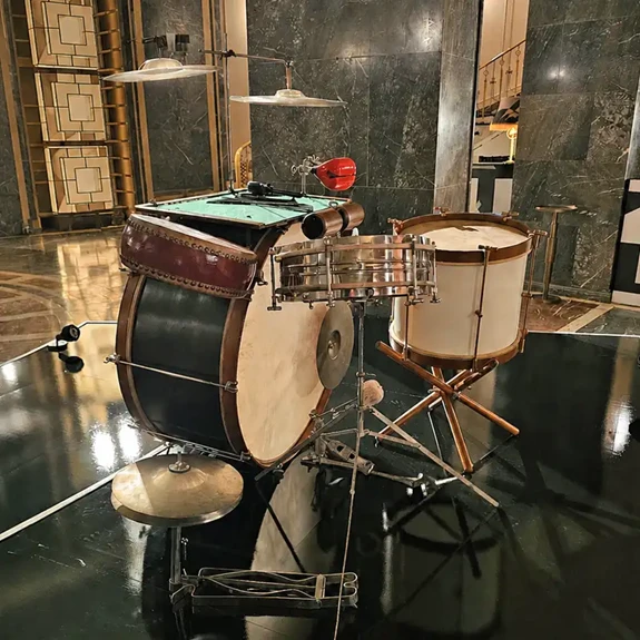 View of the player’s side of a 1920’s SONOR jazz drum kit